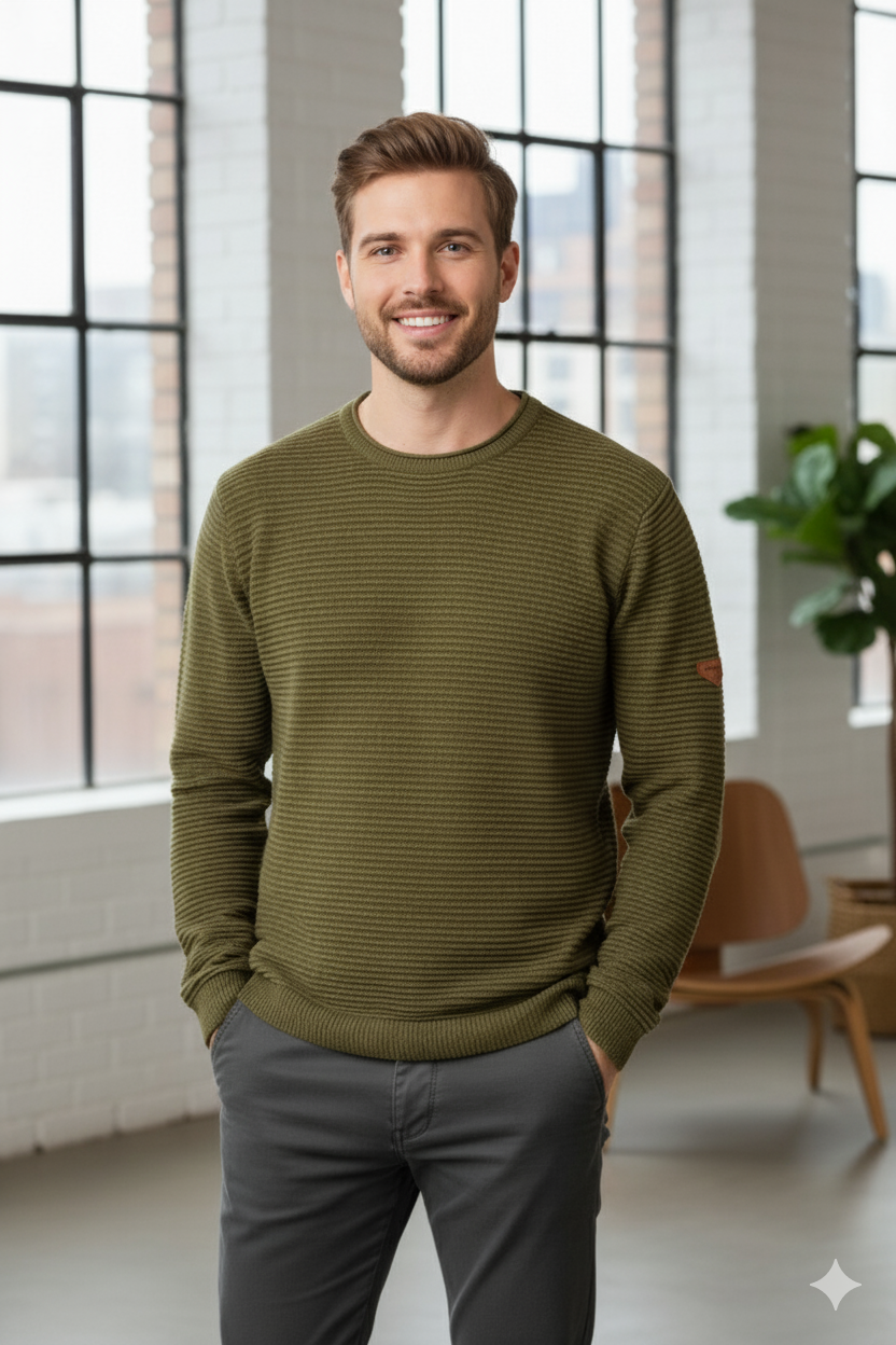 Jersey de Punto Estructurado 100% Algodón para Hombre | Suéter Casual Verde Militar/Caqui  PRI2823 KAKHY