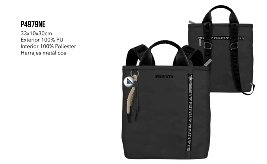 MOCHILA-BOLSO PRIVATA NEGRA CON CREMALLERAS METÁLICAS – MODELO P4979NE